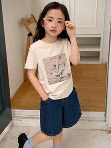 Dazy Kids Young Girls Round Neck Solid Color Casual Short Sleeve Printed T-Shirt, Summer Easter - Apricot - View 3