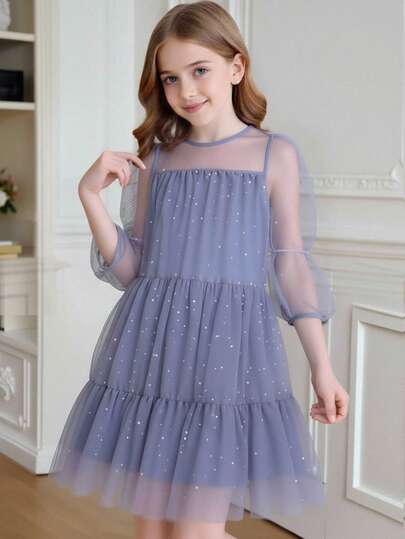 Elladie kids 少女时尚甜美网纱亮片圆珠装饰长袖休闲公主风红色连衣裙