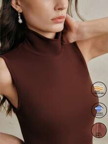 Anewsta 女士棕色高领无袖收腰舒适百搭休闲短款时尚上衣，适合春、夏、秋、冬四季穿着。 - 棕色 - 查看 1