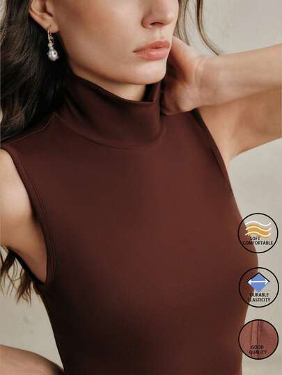  Anewsta Women's Brown High Neck Sleeveless Cinched Waist Comfortable Versatile Casual Cropped Elegant Fashion Top, Suitable For Spring, Summer, Autumn And Winter