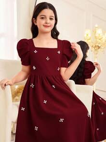 Tween Girl Elegant Pearl Embellished Square Neck Gigot Sleeve Ruffle Hem Woven Satin Dress, Suitable For Weddings, Parties, Birthdays, Gatherings, Spring/Summer - Burgundy - View 6