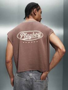 PLAYBOY X SUMWON Camiseta de tirantes con logo de conejo, cuello redondo, ribete de contraste, casual de verano para uso urbano - Marrón - Ver 1