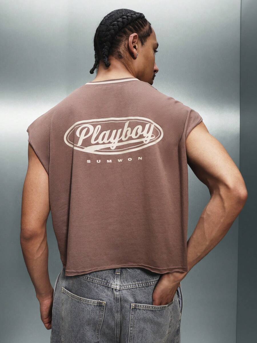 PLAYBOY X SUMWON Camiseta de tirantes con logo de conejo, cuello redondo, ribete de contraste, casual de verano para uso urbano - Marrón - Ver 1