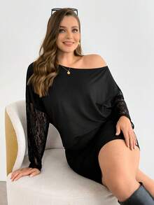 SHEIN Essnce Plus-Size Women's Elegant Sexy 70's Black Autumn Party Night Dress, Casual Off-Shoulder Lace Sleeves Short Curve Dress, High-Elasticity Spring Outfits - Black - View 4