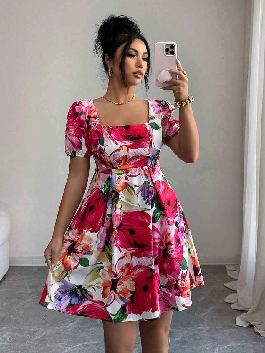 SHEIN Raffinéa Women Floral Print Square Neck Keyhole Puff Sleeve Short Dress - Multicolor - View 1