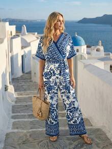 EMERY ROSE Bộ jumpsuit nữ in hoa, cổ chữ V, tay ngắn, ống rộng, kiểu dáng thường ngày. - Xanh và trắng - Xem 4