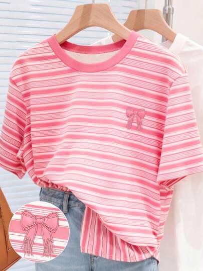 EMERY ROSE Colorful Striped Digital Print Bow Embroidery Plus Size Women T-Shirt, A Gift For Friends
