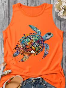 SHEIN LUNE Women's Casual Vacation Sea Turtle Print Round Neck Tank Top, Summer Graphic Tank Tops Women's Summer Outfits Women's Tops For Summer Cute Summer Tops Women Turtle Tank Top - Orange - View 3