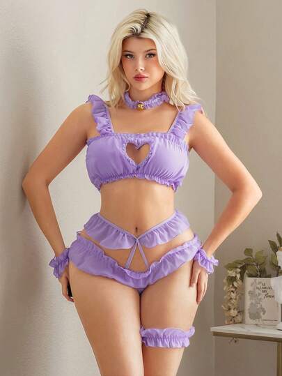 Kawaii Ensemble de lingerie sexy avec Ras-du-cou, bracelets de cheville et 2 menottes