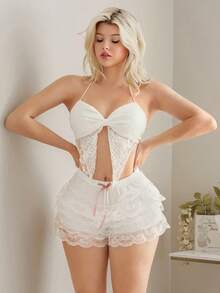 ROMWE Kawaii Quần ngủ nữ màu trơn thắt nơ - trắng - Xem 5