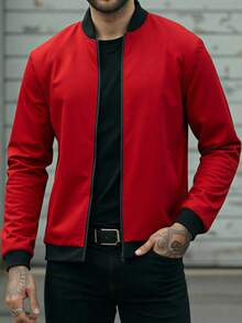 Manfinity Homme Áo khoác dài tay nam phối màu tương phản phong cách thường ngày - Đỏ - Xem 5