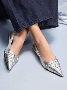 CUCCOO GRLICON Zapatos de mula de cuero metalizado plateado con remaches + hebilla de cinturón, estilo europeo y americano - Plateado - Ver 5