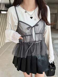 Women's Camisole Top With Layered Mesh, Waist Tie, And Bow Accent - Dark Grey - View 6