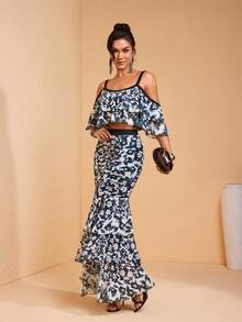 JIAN LASALA Multi Floral Print Mesh Off-Shoulder Layered Ruffled Flared Women Top Spring Summer Casual - Multicolor - View 3