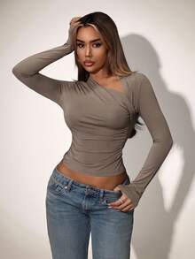 SHEIN ICON Women's Going Out Sexy Solid Color Long Sleeve Fitted Cropped Top With Ruched Asymmetrical Neckline - Grey - View 3