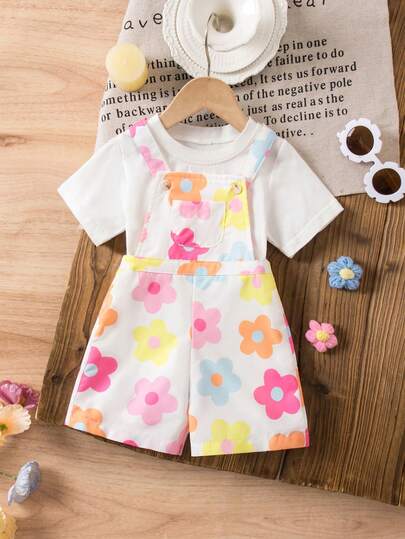 SHEIN Baby Girl Casual Versatile Cute Floral Pattern Romper