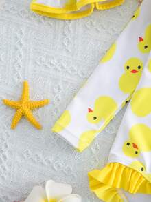 SHEIN 1件男婴休闲学院风舒适时尚简约百搭柔软卡通可爱图案连体泳衣，适合度假、春夏穿着 - 黃色 - 查看 3