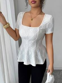 Elenzga New Summer Textured Knit Jacquard Fabric Unique Elegant Elegant Square Neck Waist Slimming Ruffle Hem Casual Daily Versatile Short Sleeve Spring Women T-Shirt - Apricot - View 7