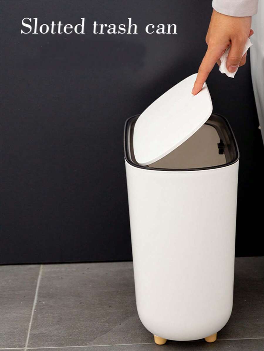 1pc Slim Garbage Can With Lid, Ideal For Bathroom & Narrow Spaces,Light Luxury Slit Trash Can - White - View 1