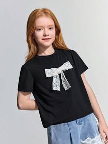 Maija Kids Maija Kids Tween Girl Oversized Bow Decor Round Neck Short Sleeve Casual Black T-Shirt,Kids - Black - View 3
