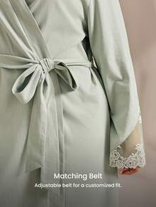 LUVLETTE Plus Women Soft 100% Pure Cotton Luxurious Lace Trim Tie-Front Airy Loungewear Pajama Robe Lingerie - Green - View 5