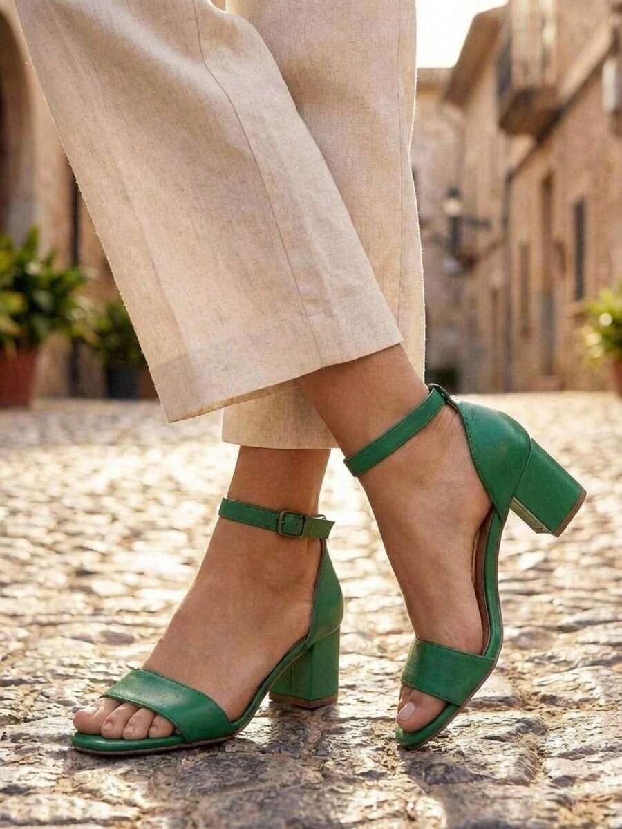Sandalias De Tacón Grueso Simple Y Elegante Para Mujeres Con Correa De Tobillo - Verde - Ver 1