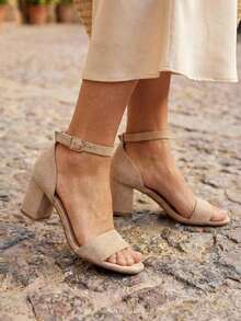 Simple And Thick Heel Sandals For Women With Ankle Strap - Gamuza Beige - View 2