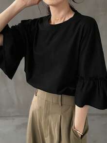 FRIFUL Camiseta de manga larga de unicolor y sencilla para mujeres - Negro - Ver 6