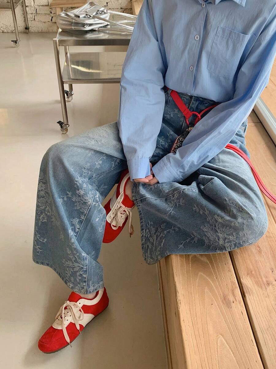DAZY Quần jeans nữ ống rộng dáng suông in hoa kiểu Hàn Quốc, màu ombre, giặt mài. - Màu xanh lam - Xem 1