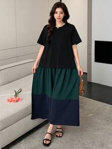 DAZY 女士宽松拼接中长圆领连衣裙，春夏款 - 彩色 - 查看 6