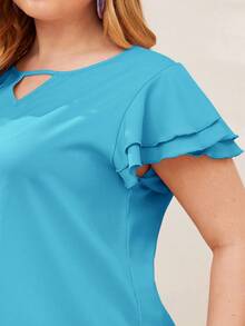 Reflora Blusa elegante de manga corta con cuello de ojo de cerradura, volantes y unicolor para mujer de talla grande - Azul menta - Ver 5