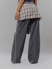 MUSERA 撞色系带衬衫腰部细节阔腿牛仔裤街头风酷女孩冬季性感休闲另类风 - 深灰色 - 查看 4