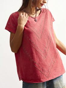 Bohemela Camiseta de mujer de cuello redondo de punto liso rojo con decoración de rhinestones y acabado lavado, ideal para el Día de San Valentín, vacaciones y verano - Naranja Coral - Ver 9