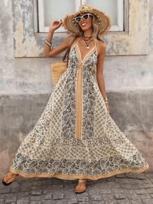 Brillora Đầm hở lưng cổ yếm in hoa điều dành cho nữ, thích hợp cho kỳ nghỉ. - Màu Khaki - Xem 5