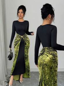 Elenzga Vestido de mujer con diseño de parche de estilo retro europeo y americano, cuello redondo, vestido de terciopelo estilizante de parche 2 en 1 con decoración de hebilla de metal en la cintura, dobladillo plisado irregular, elegante y exquisito vestido de fiesta de noche, vestido de manga larga, adecuado para mujeres de 20 a 35+ años para vacaciones, citas, galas