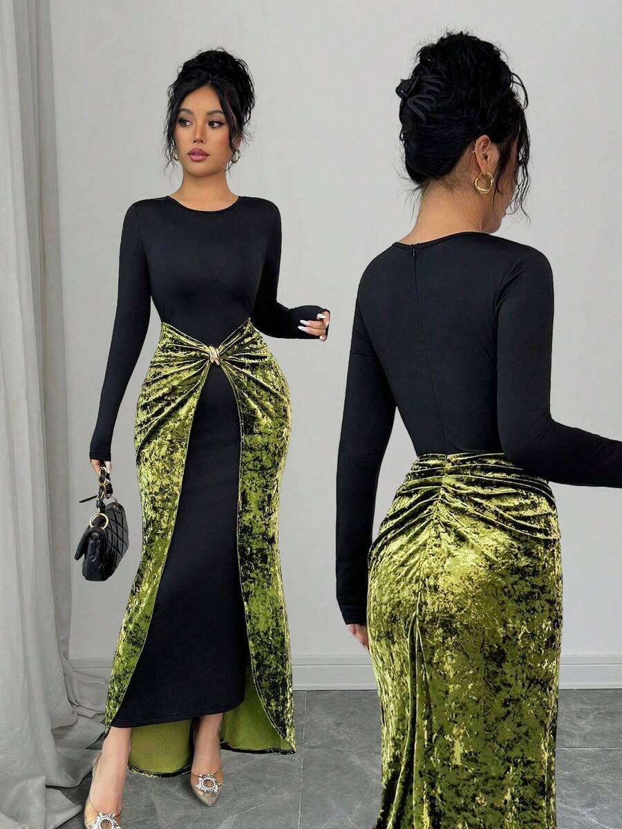 Elenzga Vestido de mujer con diseño de parche de estilo retro europeo y americano, cuello redondo, vestido de terciopelo estilizante de parche 2 en 1 con decoración de hebilla de metal en la cintura, dobladillo plisado irregular, elegante y exquisito vestido de fiesta de noche, vestido de manga larga, adecuado para mujeres de 20 a 35+ años para vacaciones, citas, galas