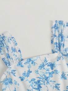 Girlism Teen Girls' Blue & White Floral Print Ruched Waist A-Line Mesh Overlay Spaghetti Strap Vacation Dress, Spring/Summer - Blue and White - View 5