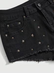 ROMWE Grunge Punk 女士超低腰性感Y2K千禧复古金属星铆钉紧身牛仔短裤 - 黑色 - 查看 3