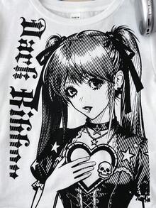 少女百搭圆领弹力修身短袖T恤，舒适印花 - 白色 - 查看 6