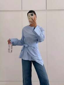 Serisse Women's Elegant Blue And White Stripe 2-Piece Set,Asymmetric Drop Shoulder Long Sleeve Shirt With Shawl,Autumn Office Commute Minimalist Blouse Top - Blue and White - View 8