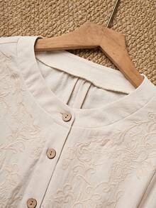 Louniche 女士中长款棉麻短袖衬衫，复古刺绣，宽松版型，轻盈透气，单排扣，亚麻衬衫 - 杏色 - 查看 6