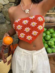 Aloruh 女士沙滩度假钩针向日葵修身露脐吊带上衣 - 彩色 - 查看 7