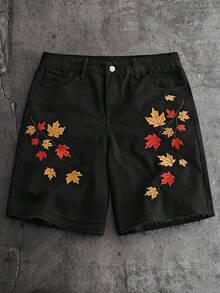AXEPEAK Men's Maple Leaf Pattern Denim Shorts - Black - View 6