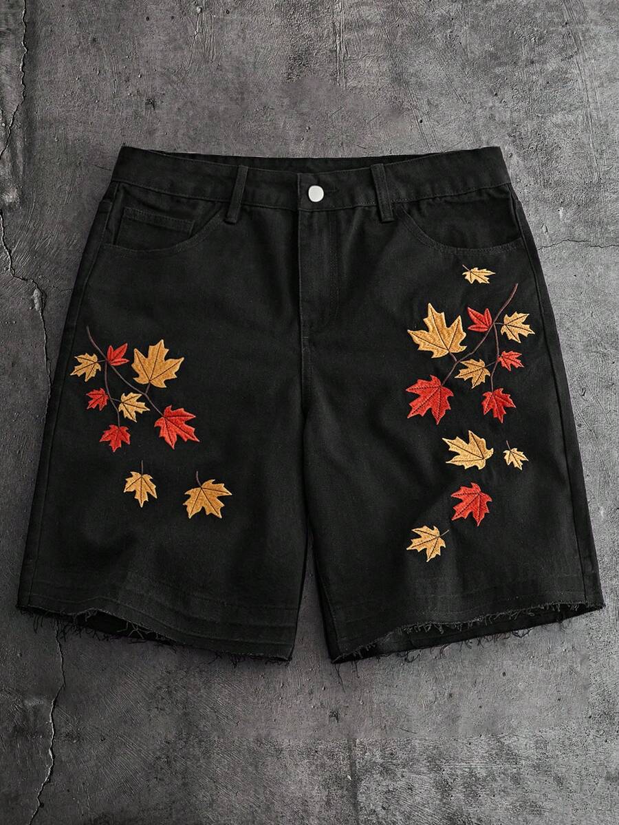 AXEPEAK Men's Maple Leaf Pattern Denim Shorts - Black - View 1