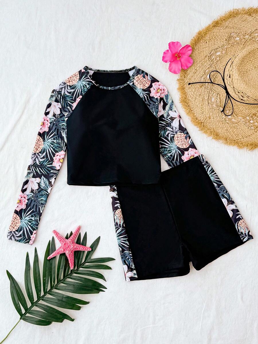 SHEIN Conjunto de traje de baño con top de manga raglán y shorts con estampado de plantas tropicales para adolescentes - Negro - Ver 1