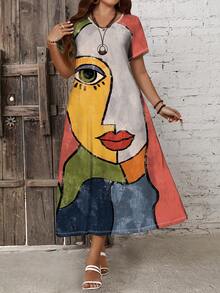 EMERY ROSE Vintage Style Summer Women's Plus Size Slim Fit Long Casual Dress With Colorblocked Human Face Print,Vacation/Spring - Multicolor - View 5