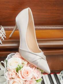 CUCCOO HITCHD Women's Fashionable Elegant Pearl White Satin Pointed Toe High Heel Pumps, Suitable For Banquet, Wedding, Commute, Date, Christmas Party Valentine's Day - Light Grey - View 6