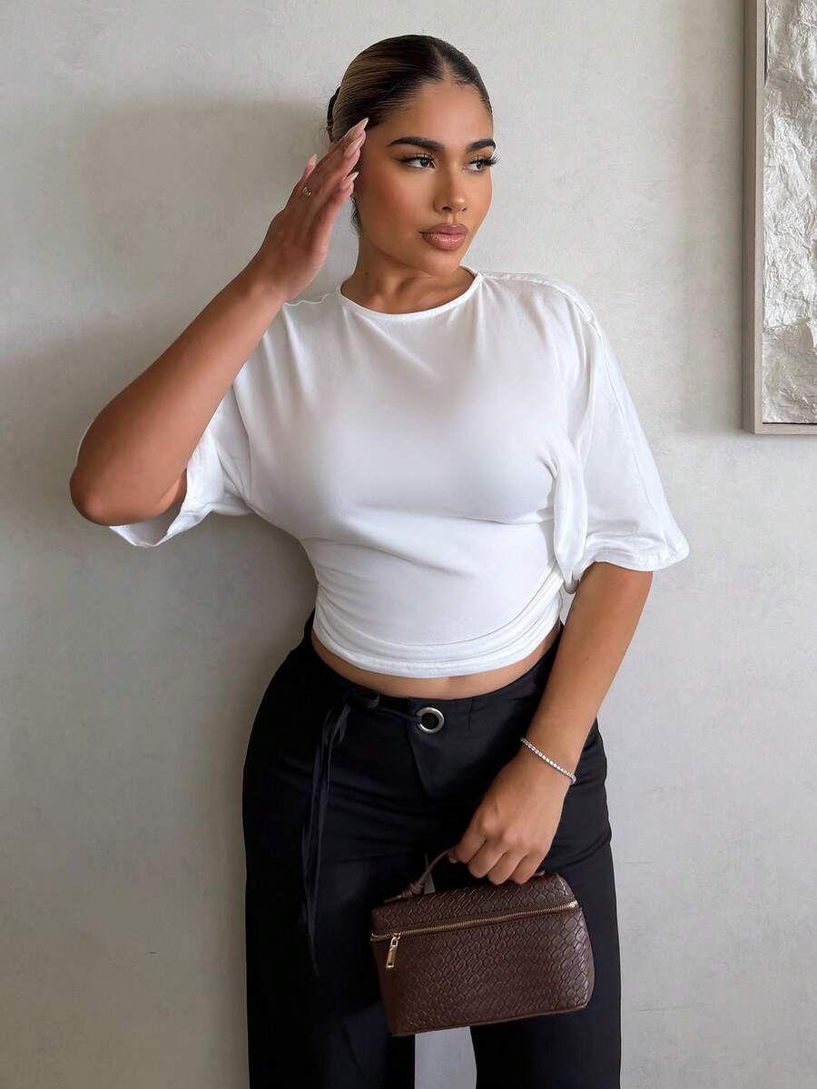 Maria Perezxox Áo thun ngắn tay cánh dơi màu trơn đơn giản, mùa hè - trắng - Xem 1