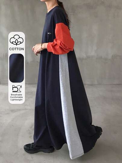 FRIFUL レディース ルーズフィット ラウンドネック カラーブロック オーバーサイズ ワンピース、カジュアルで多用途、秋