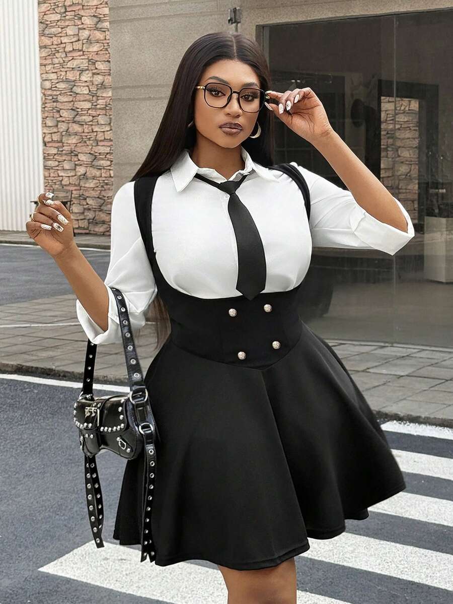 Maweii 优雅休闲学院风纽扣装饰修身针织连衣裙，加大码纯黑色无袖连衣裙 - 黑色 - 查看 1